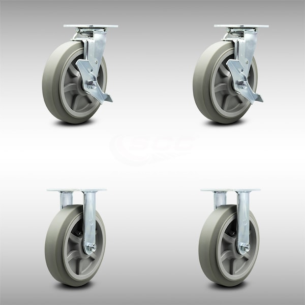 8 Inch SS Thermoplastic Rubber Caster Set with Ball Bearings 2 Brake 2 Rigid SCC